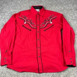 Ace of Diamond Mens Red Embroidered Western Pearl Snap Shirt Small Long Sleeve